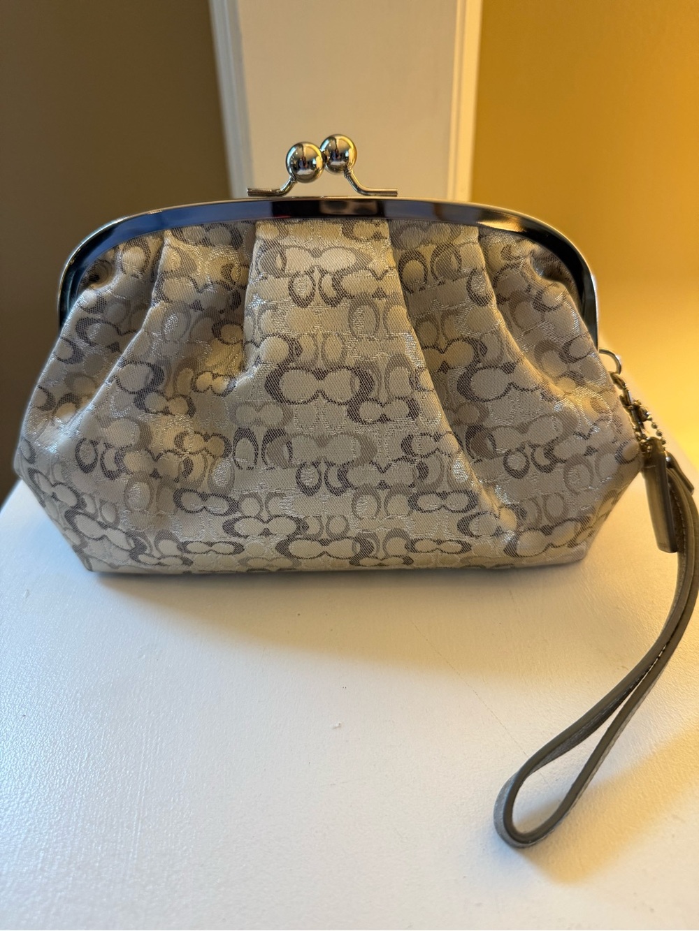 Vintage Coach Y2K Optic Lurex Kisslock Wristlet Clutch Silver Metallic